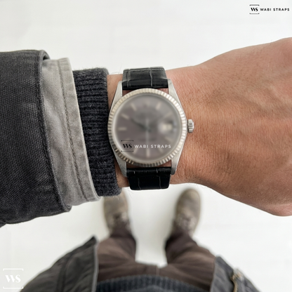 Black Bamboo Grain Leather Watch Strap on Rolex Datejust Ref. 1601 “Lavender”