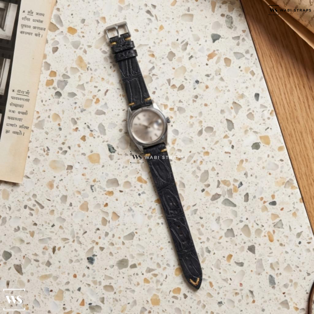 Black Embossed Leather Watch Strap on Rolex Datejust Smooth Bezel Sunburst Silver Dial