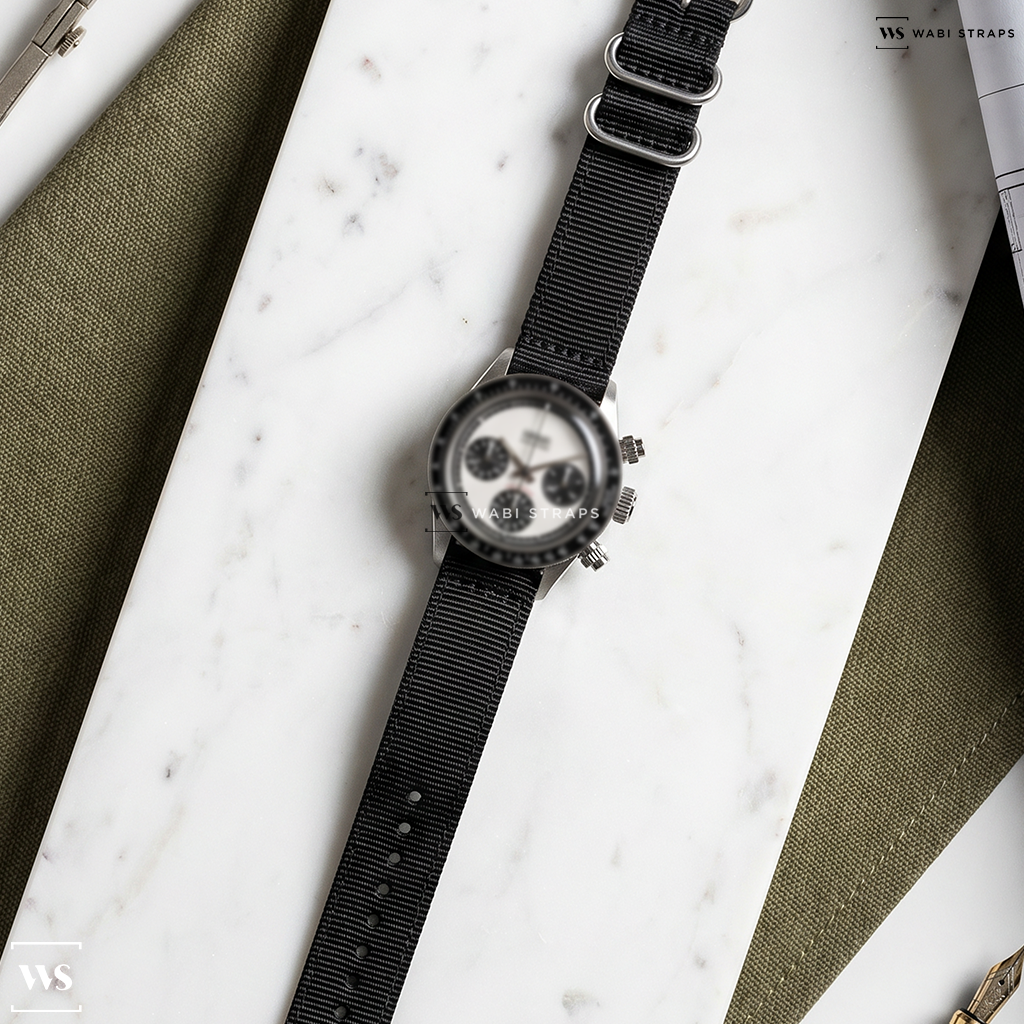 Black Solid Plain Nylon Watch Strap on Gevril Tribeca Paul Newman Limited Edition