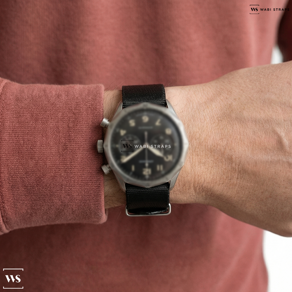 Black Basic Nylon Watch Strap on Junghans Meister Pilot