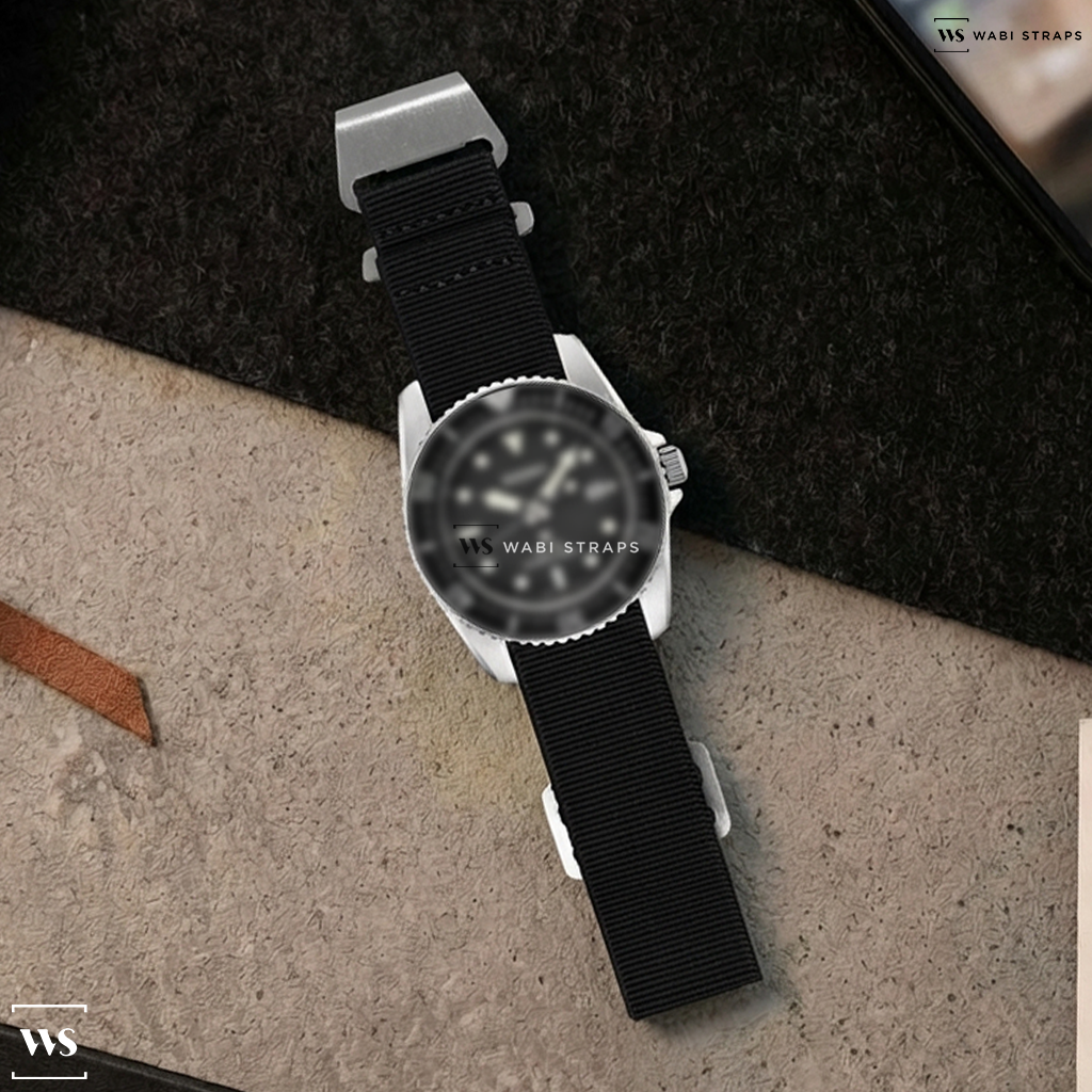 Black Basic Nylon Watch Strap on Seiko 38mm Prospex Solar Powered Dive Watch with 10-Month Power Reserve #SNE573