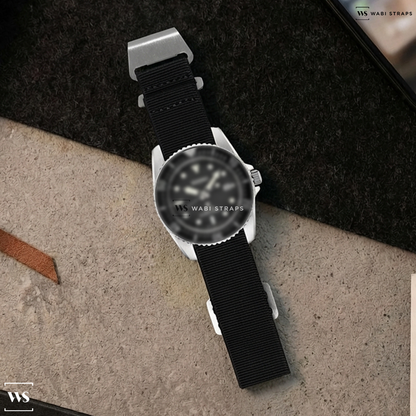 Black Basic Nylon Watch Strap on Seiko 38mm Prospex Solar Powered Dive Watch with 10-Month Power Reserve #SNE573
