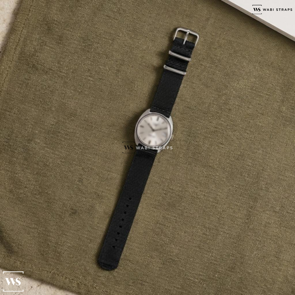 Black Solid Plain Nylon Watch Strap on Longines Admiral 5 Stars C Case Watch