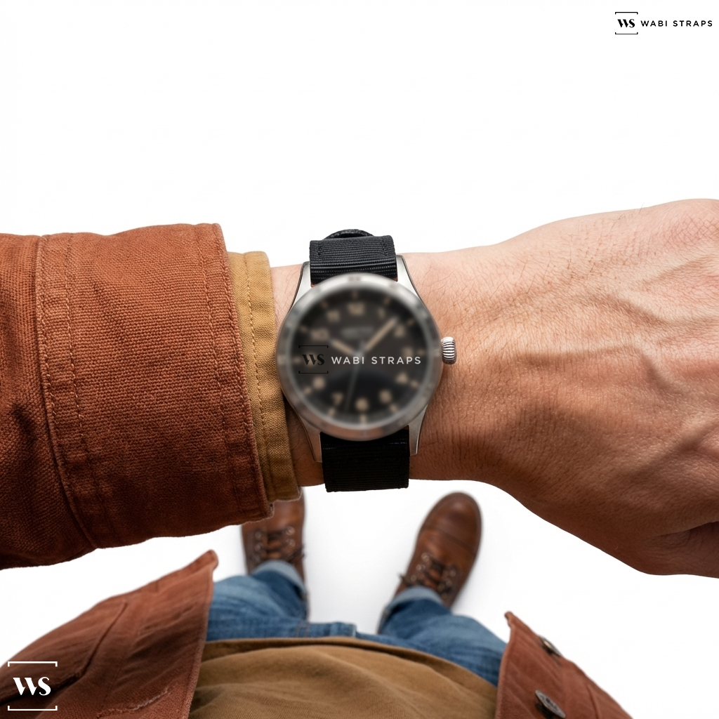 Black Solid Plain Nylon Watch Strap on Field Watch MkIII Standard (Vintage Black) - Leather