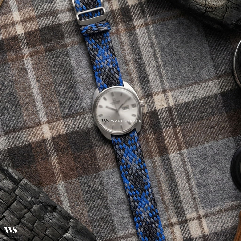 Black/Blue/Grey Interwoven Contrast Nylon Watch Strap on Universal Geneve Polerouter Day Date C Case