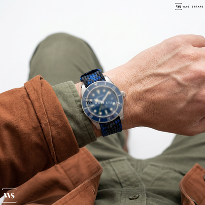 Black/Blue/Grey Interwoven Contrast Nylon Watch Strap on Deep Ocean Blue - Maraí 401 - Dive Watch