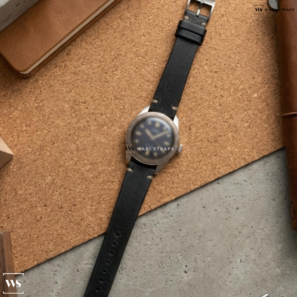 Black Buffed Leather Watch Strap on Oris Diver Sixty Five For HODINKEE