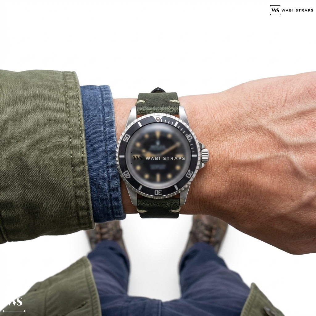 Black Buffed Leather Watch Strap on Rolex Submariner Ref. 5513 “Pumpkin”