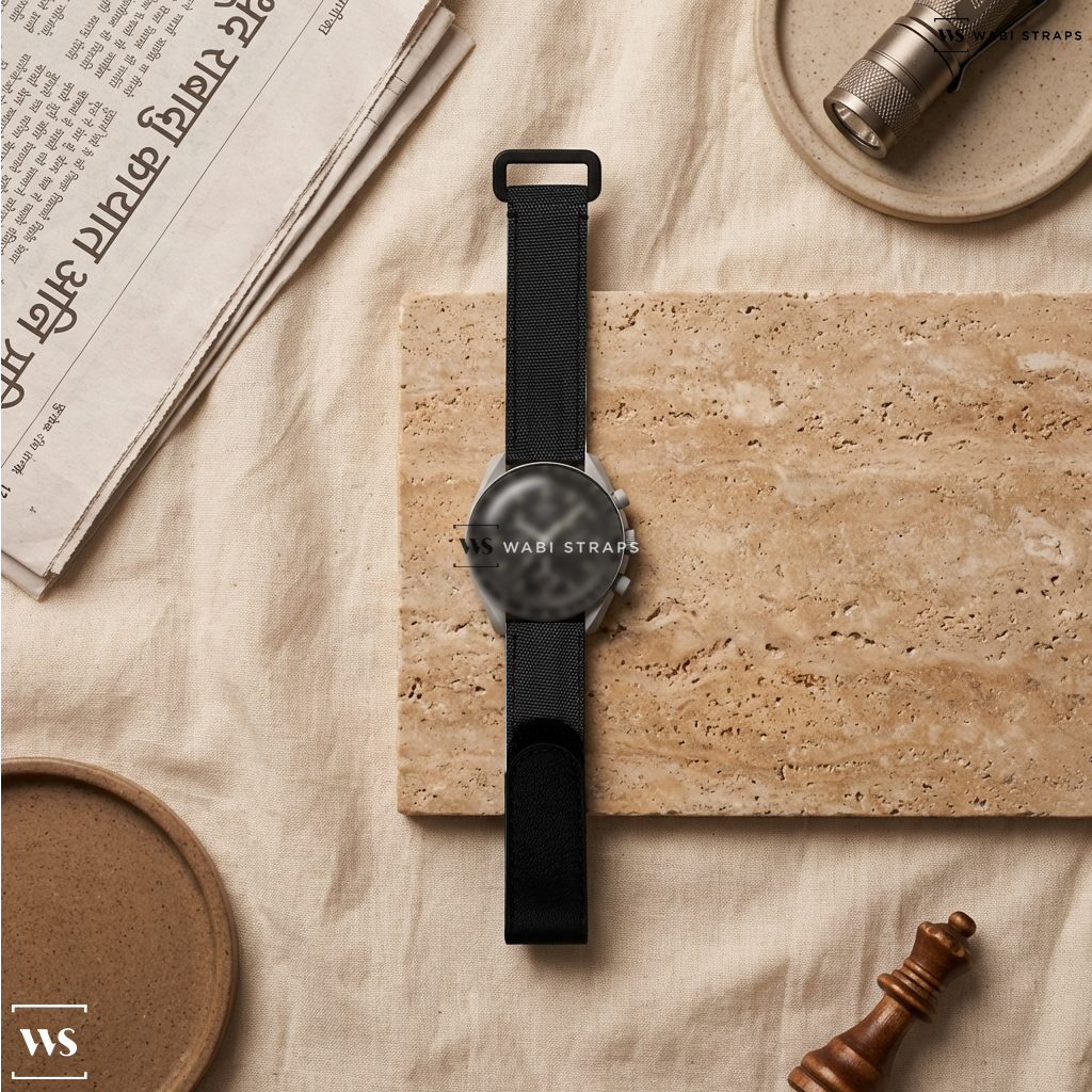 Black Hybrid Leather Watch Strap on MOONSWATCH MISSION TO THE MOON