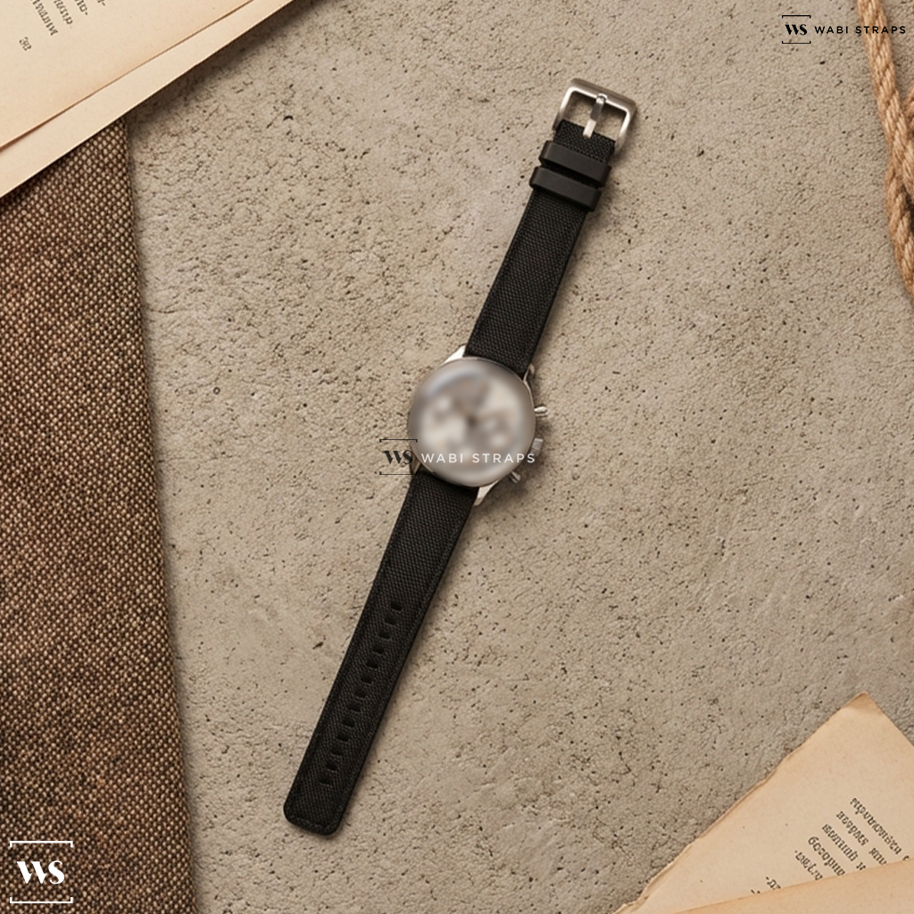 Black Hybrid Canvas Watch Strap on Jaeger LeCoultre Master Control MechaQuartz Chronograph Silver Dial