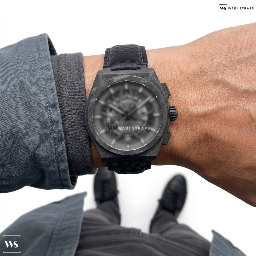 Black Carbon Fibre Leather Watch Strap on Zenith Defy Classic Skeleton Carbon