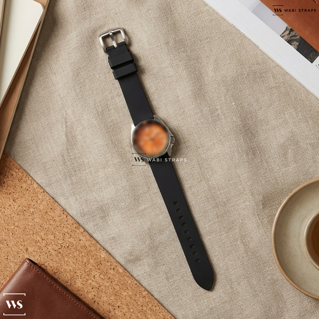 Black Smooth Rubber Watch Strap on Seiko 5 Sports Automatic GMT Watch with Orange Dial #SSK005