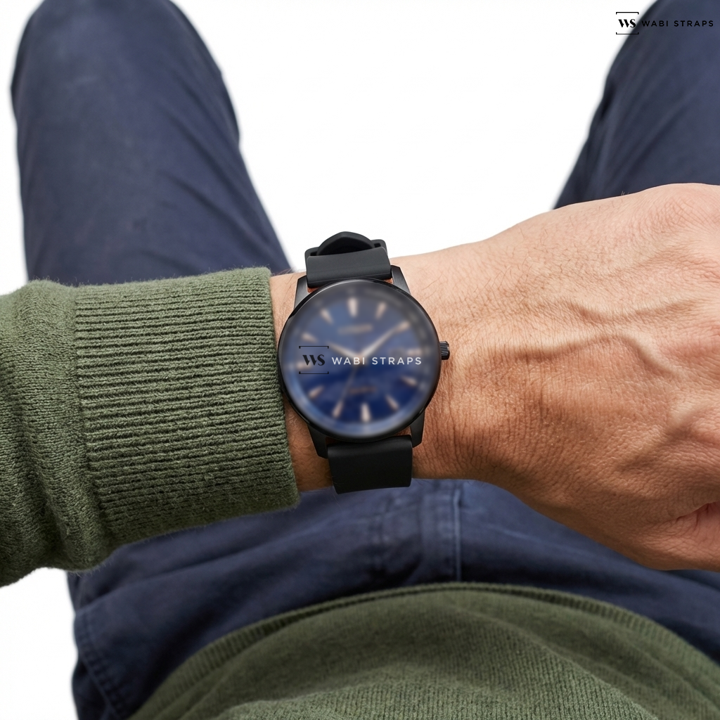 Black Smooth Rubber Watch Strap on CITIZEN BM7595-89L ECO-DRIVE PAIR MEN WATCH