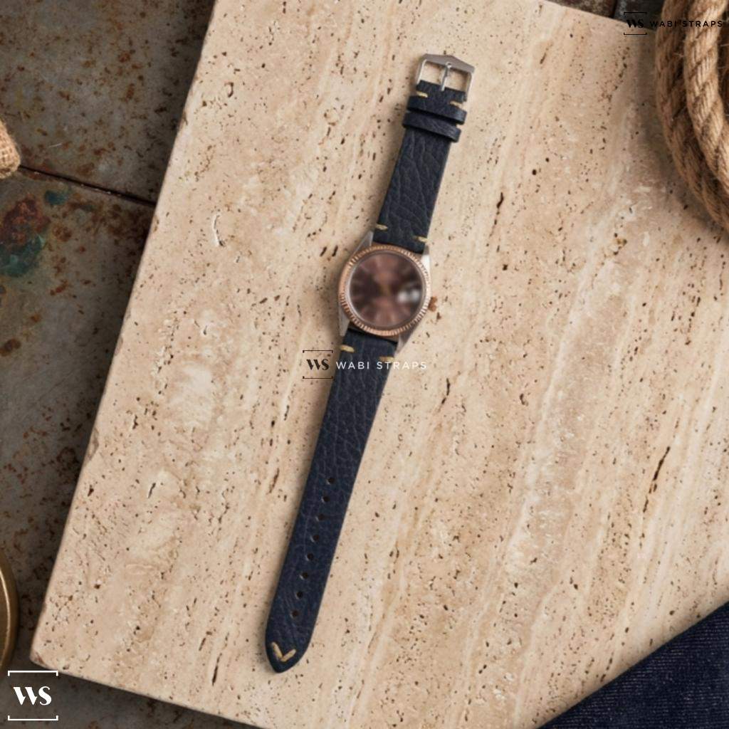 Black Crackled Leather Watch Strap on Rolex Datejust Two Tone Black Dial