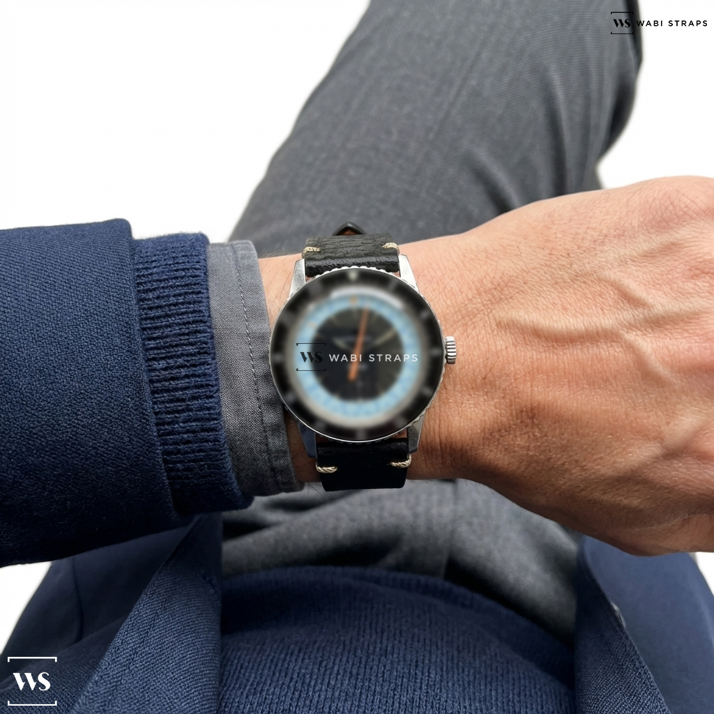 Black Crackled Leather Watch Strap on Favre Leuba Bivouac Vintage Barometer