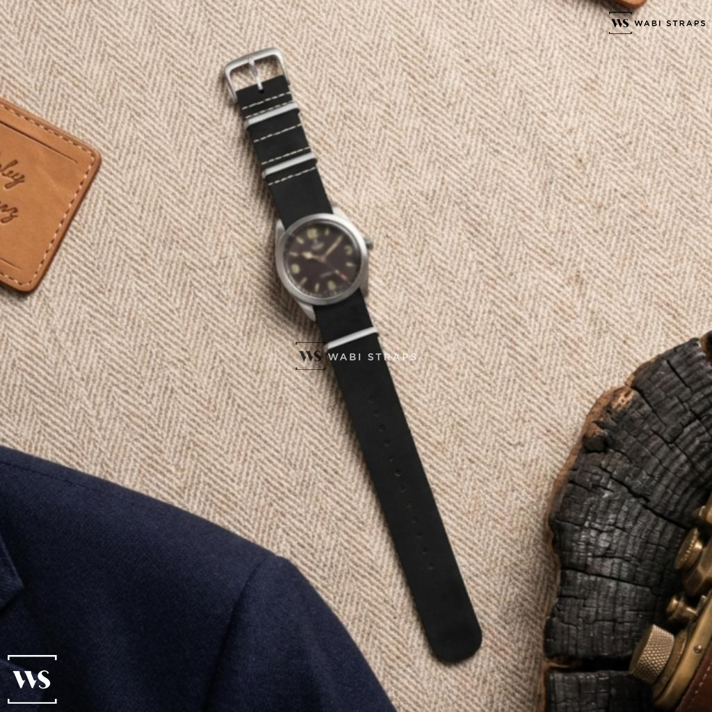 Black Aged Rustic Leather Watch Strap on Tudor Oyster Prince Vintage Small Rose