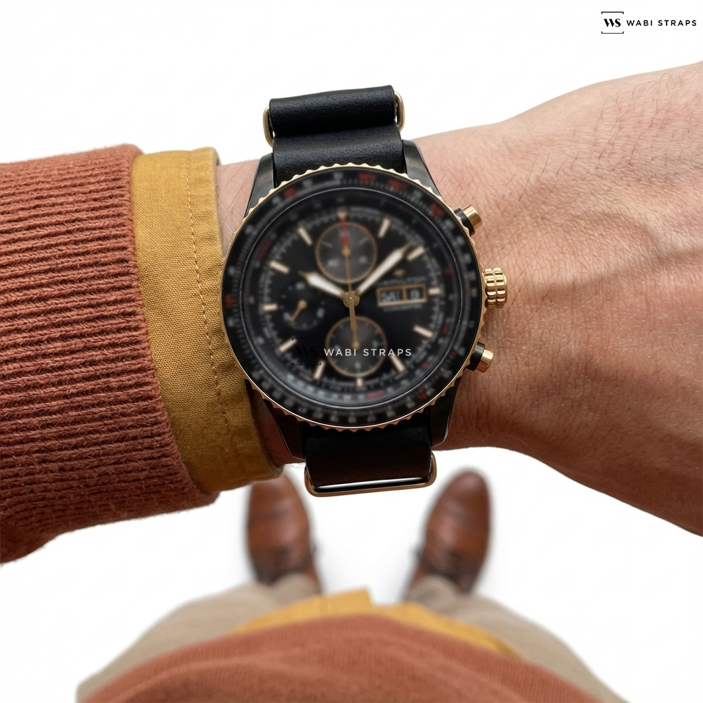 Black Aged Rustic Leather Watch Strap on Hamilton Converter Chronograph Black Gold