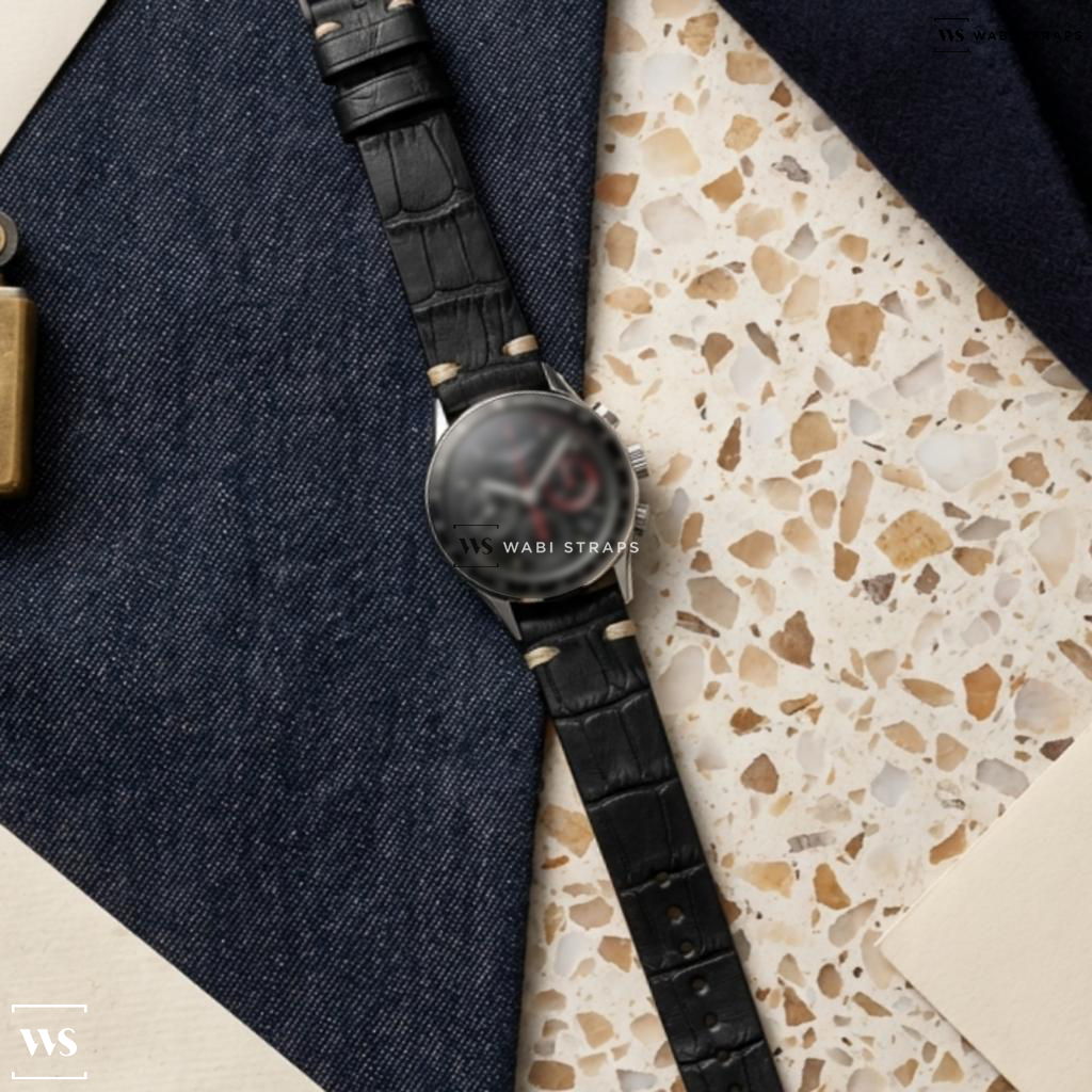 Black Crocodile Grain Leather Watch Strap on Longines Heritage Automatic Black Dial Stainless Steel Men's Watch