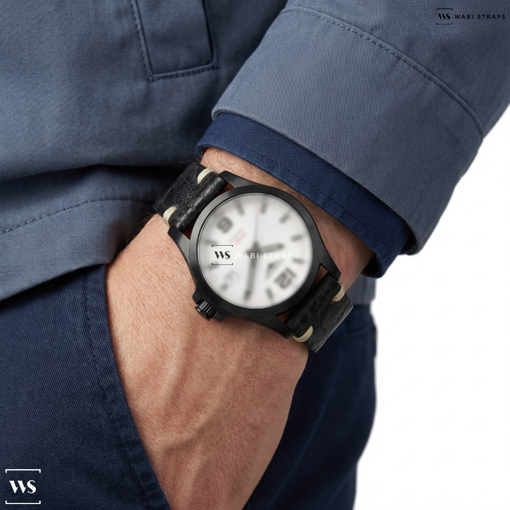 Black Crocodile Grain Leather Watch Strap on Longines Conquest VHP Quartz Silver Dial Men's Watch