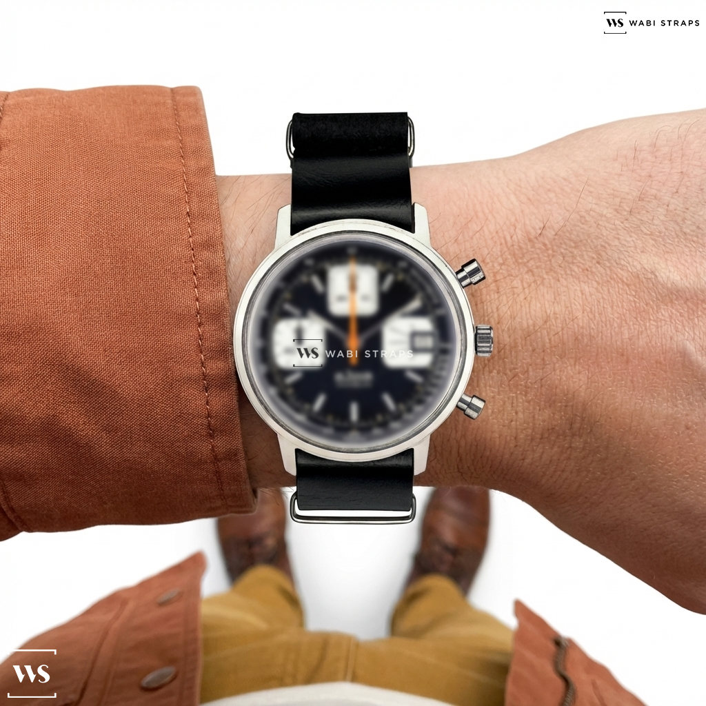 Black Smooth Matte Pu Leather Watch Strap on Le Jour Incabloc Vintage Chronograph