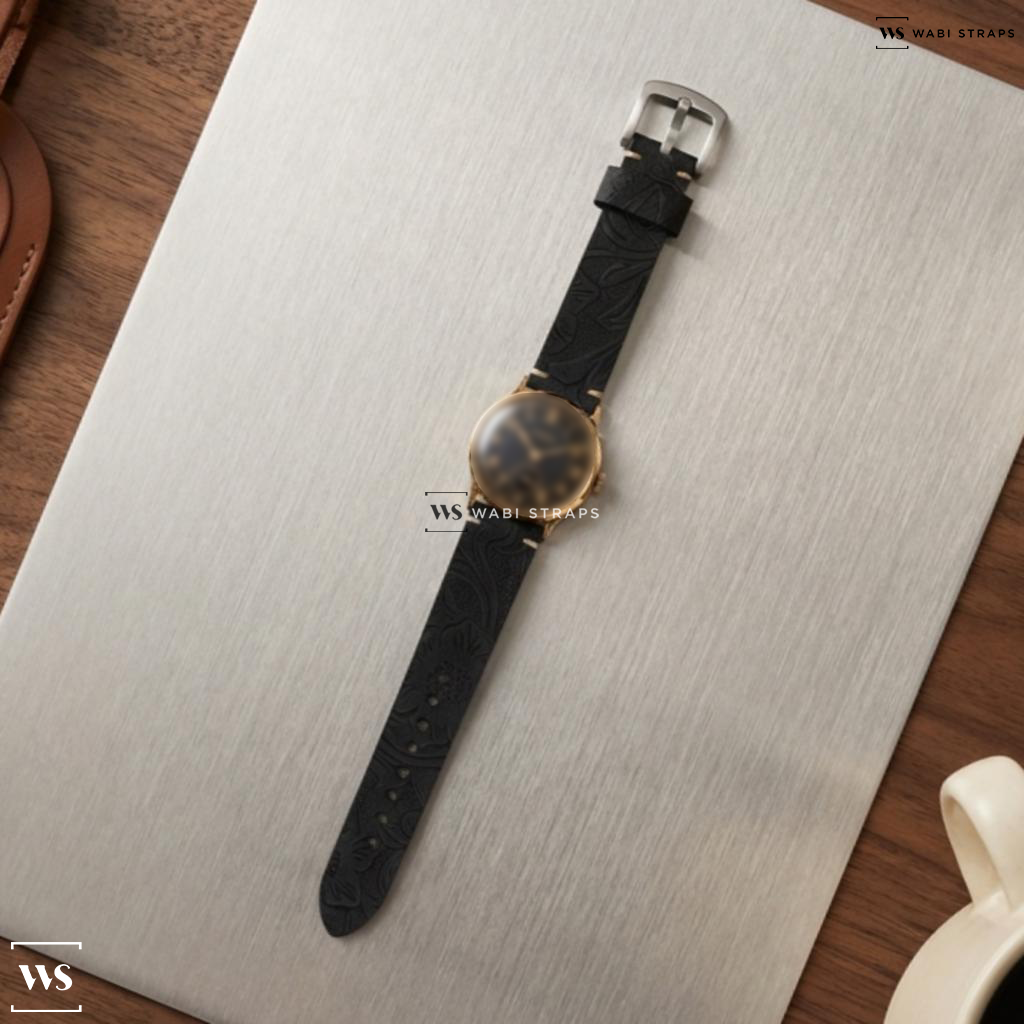 Black Floral Print Leather Watch Strap on Doxa Sub Second