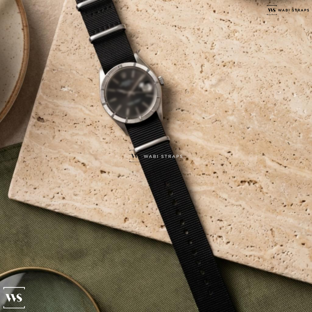 Black Solid Plain Nylon Watch Strap on Rolex Date 1501 Engine Turned Bezel Black Dial