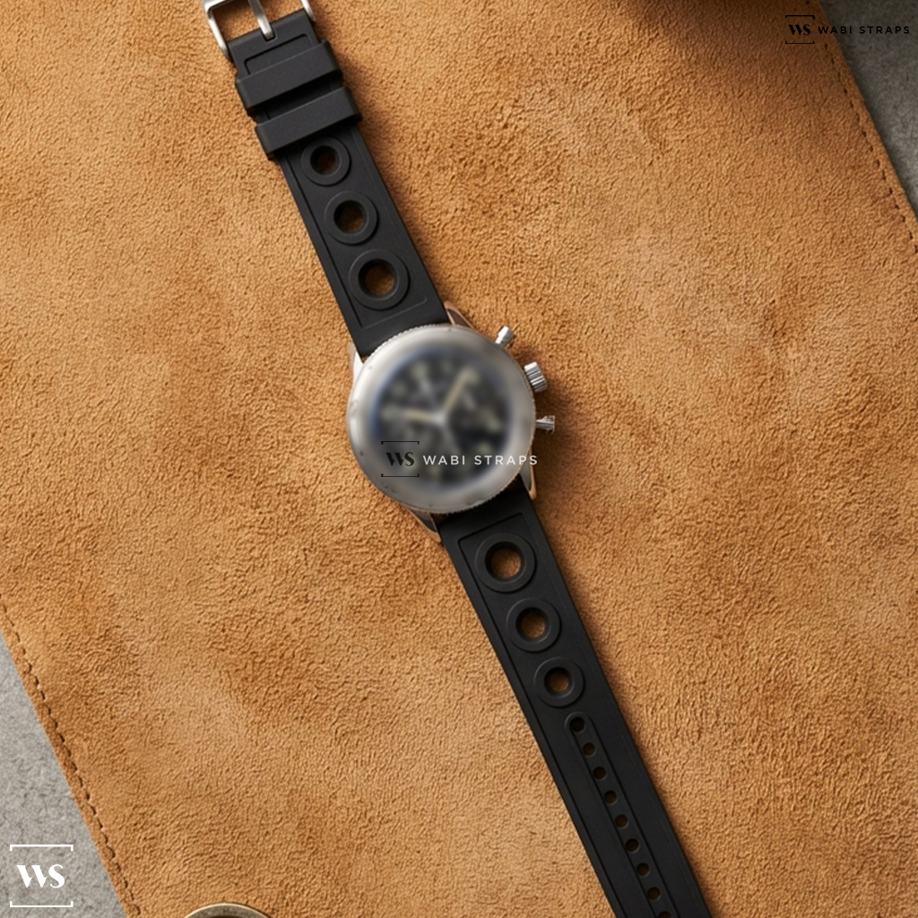 Black Perforated Rubber Watch Strap on Breguet Type XX Aeronavale Black Dial SS