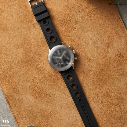 Black Perforated Rubber Watch Strap on Breguet Type XX Aeronavale Black Dial SS