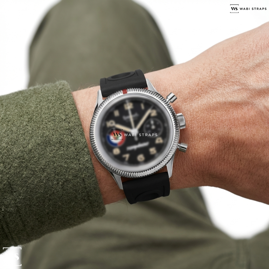 Black Perforated Rubber Watch Strap on HANHART H701L.214-7010 417 ES TORNADO MAIDEN FLIGHT LIMITED EDITION MEN WATCH