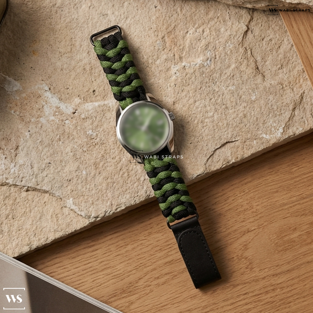 Black/Green Woven Nylon Watch Strap on Grand Seiko Heritage Hi-Beat 36000 GMT SBGJ259