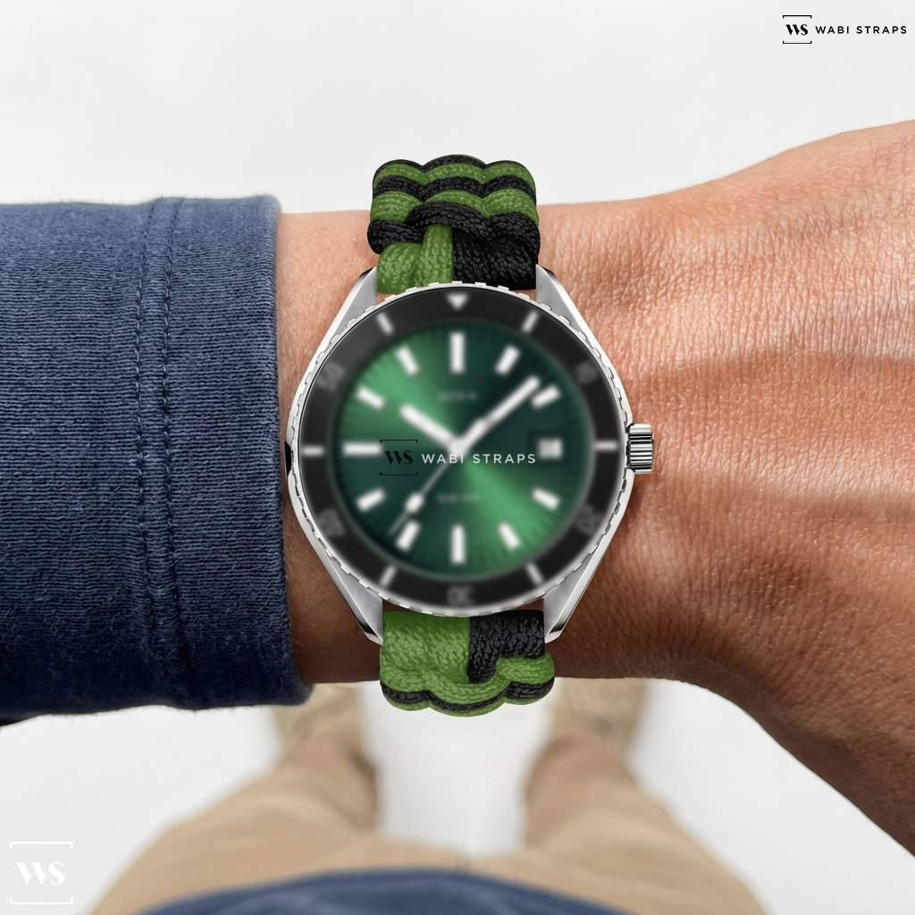 Black/Green Woven Nylon Watch Strap on DOXA Sub 200 42mm Mens Watch Green Stainless Steel 799.10.131.10
