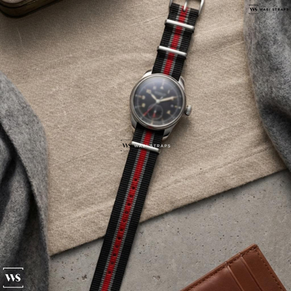 Black/Grey/Red 2 Thick 3 Thin Stripes Nylon Watch Strap on Bremont Fury Automatic BK-SS-R-S