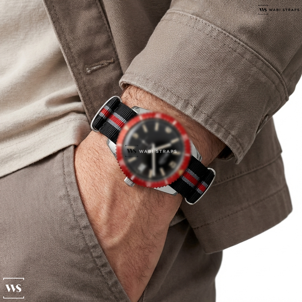 Black/Grey/Red 2 Thick 3 Thin Stripes Nylon Watch Strap on Wertex Dive Watch Red Bezel