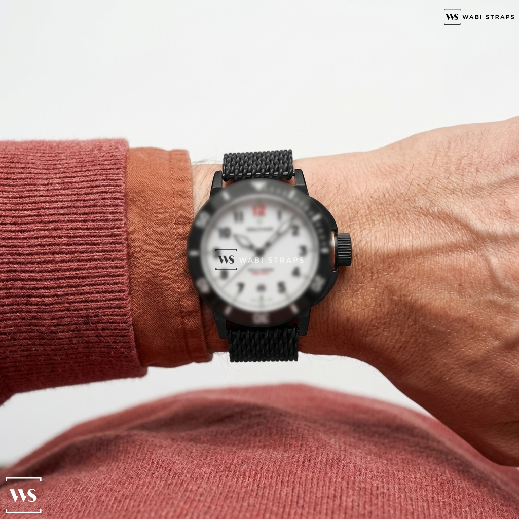 Black Shark Mesh Metal Watch Bracelet on Waltham Field & Marine "Red 12" Black
