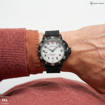 Black Shark Mesh Metal Watch Bracelet on Waltham Field & Marine "Red 12" Black