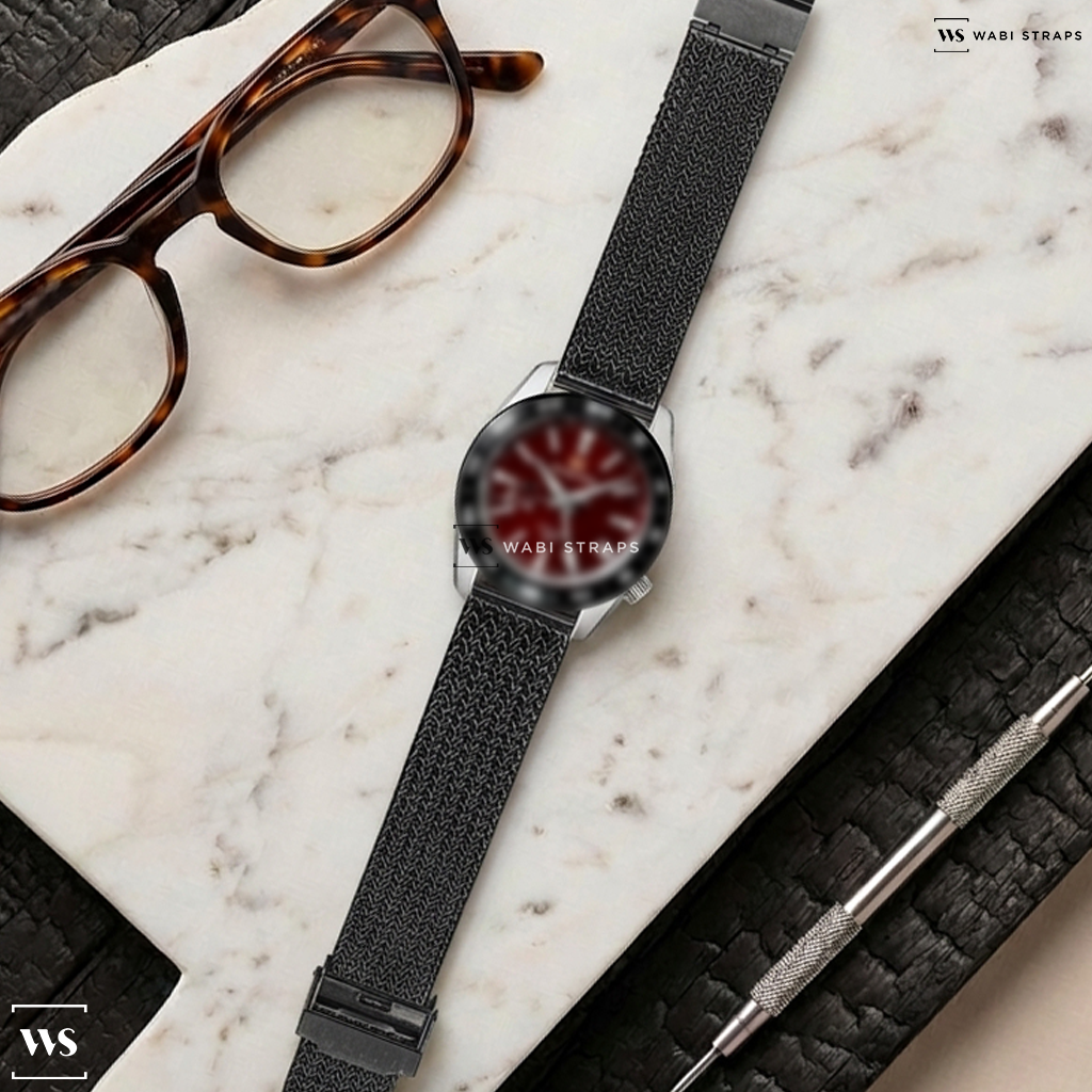 Black Herringbone Mesh Metal Watch Bracelet on Grand Seiko Hotaka Peaks' Morning Glow Sports Spring Drive GMT Limited Edition 40.5mm Mens Watch Red SBGE305