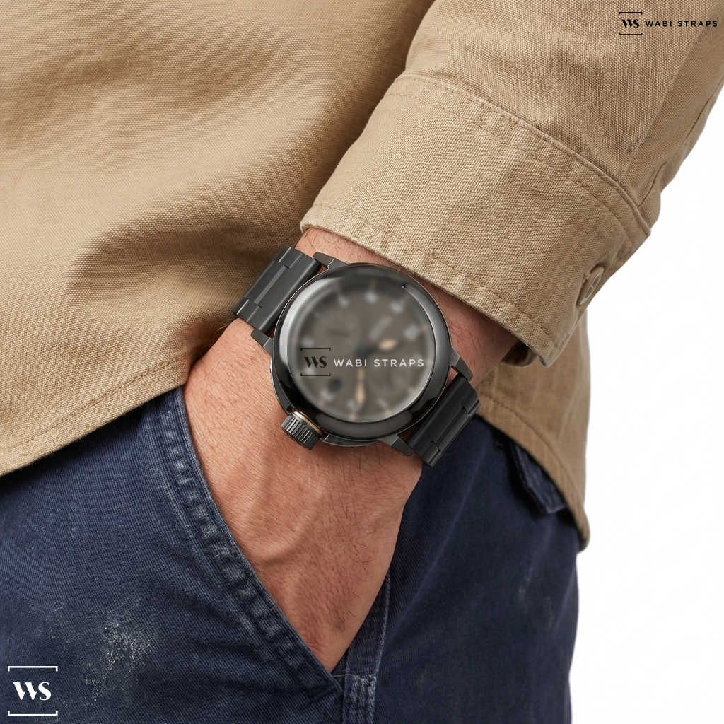 Black Oyster Metal Watch Bracelet on Waltham Field & Marine Dual Time Gunmetal Grey