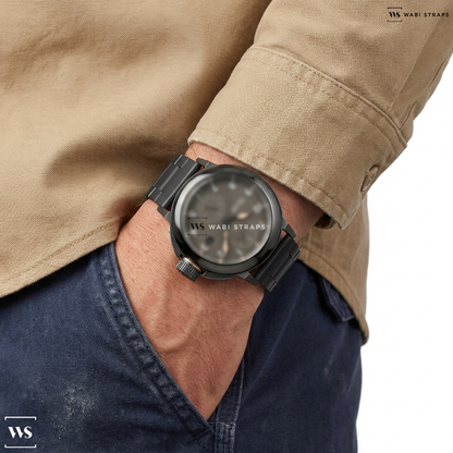 Black Oyster Metal Watch Bracelet on Waltham Field & Marine Dual Time Gunmetal Grey