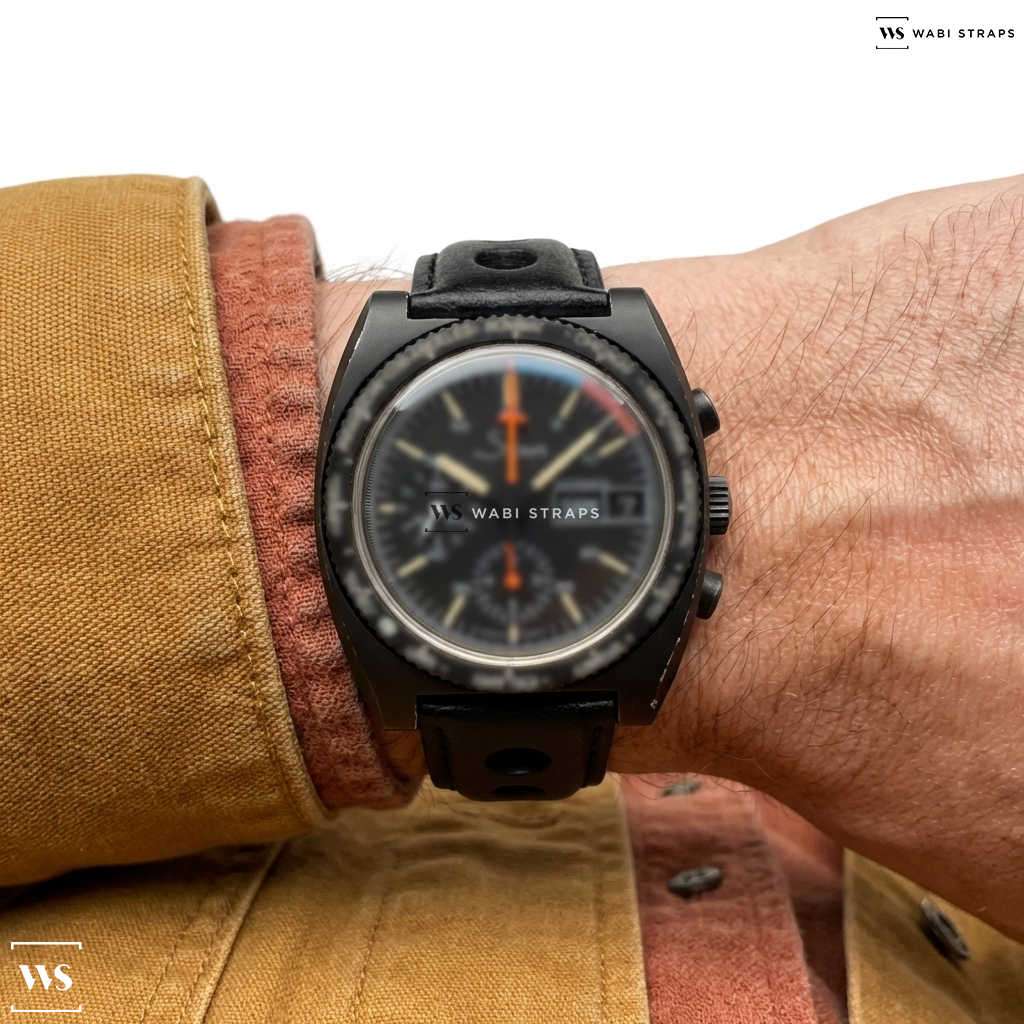 Black Contrast Holes Leather Watch Strap on Sinn Worldtime Vintage Chronograph