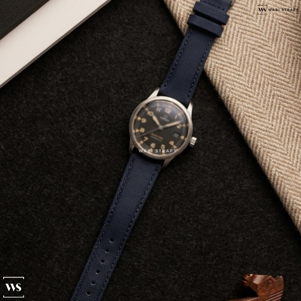 Black Rough Weave Canvas Watch Strap on Omega Dynamic