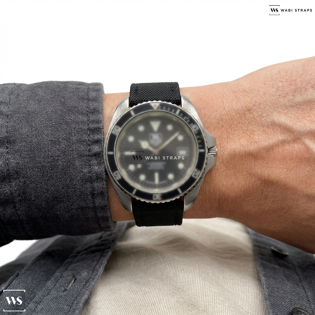 Black Rough Weave Canvas Watch Strap on Tag Heuer Professional 200M Automatic