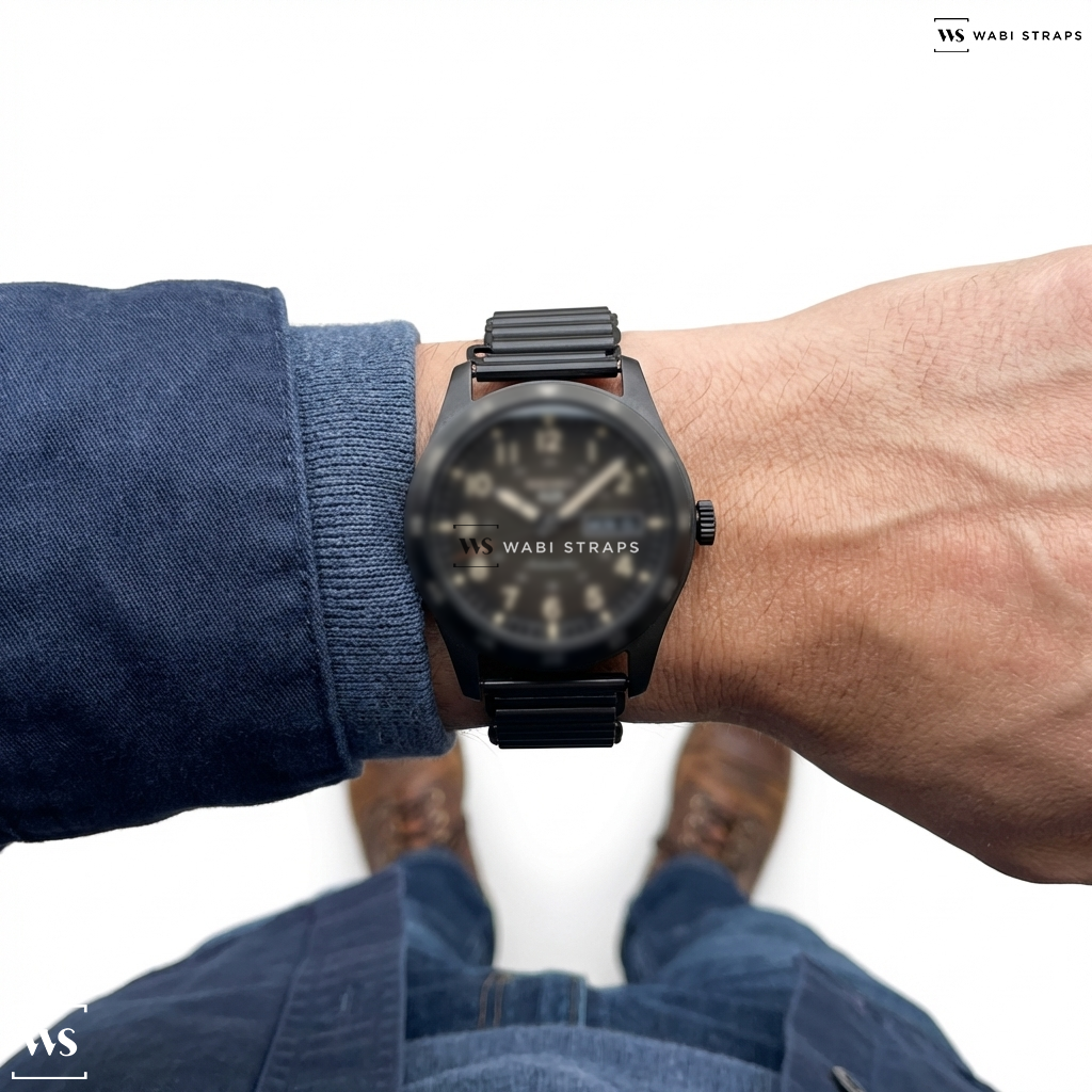 Black Bonklip Metal Watch Bracelet on Seiko 5 Sports 24-Jewel Automatic Watch with Brown Ombré Dial #SRPG41