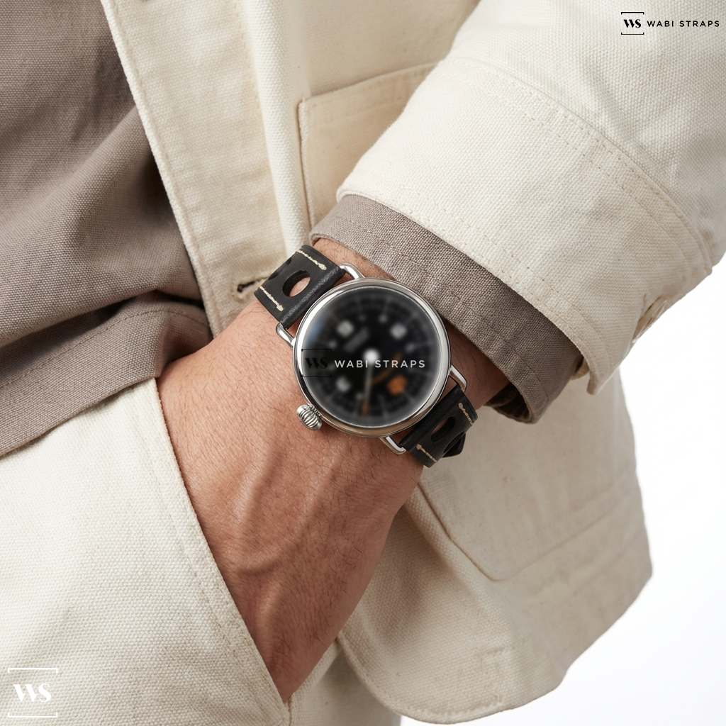 Black Perforated Leather Watch Strap on Ferrowatches Distinct 3 Petrol