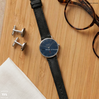 Black Lizard Grain Leather Watch Strap on Nomos Metro Neomatik Midnight Blue Automatic Blue Dial 35.0mm Unisex Watch