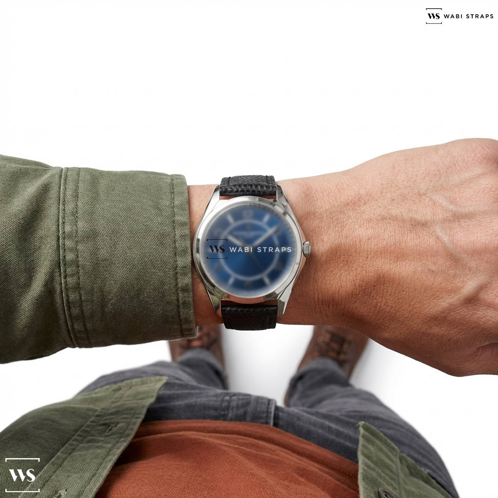 Black Lizard Grain Leather Watch Strap on Vacheron Constantin Fiftysix Self Winding SS Blue Dial
