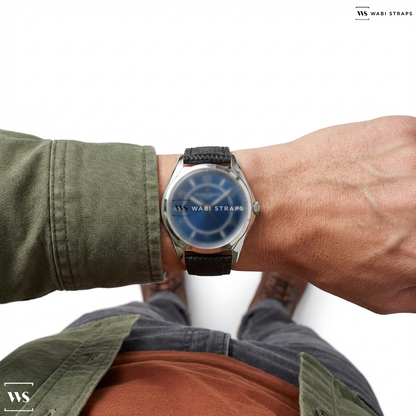 Black Lizard Grain Leather Watch Strap on Vacheron Constantin Fiftysix Self Winding SS Blue Dial
