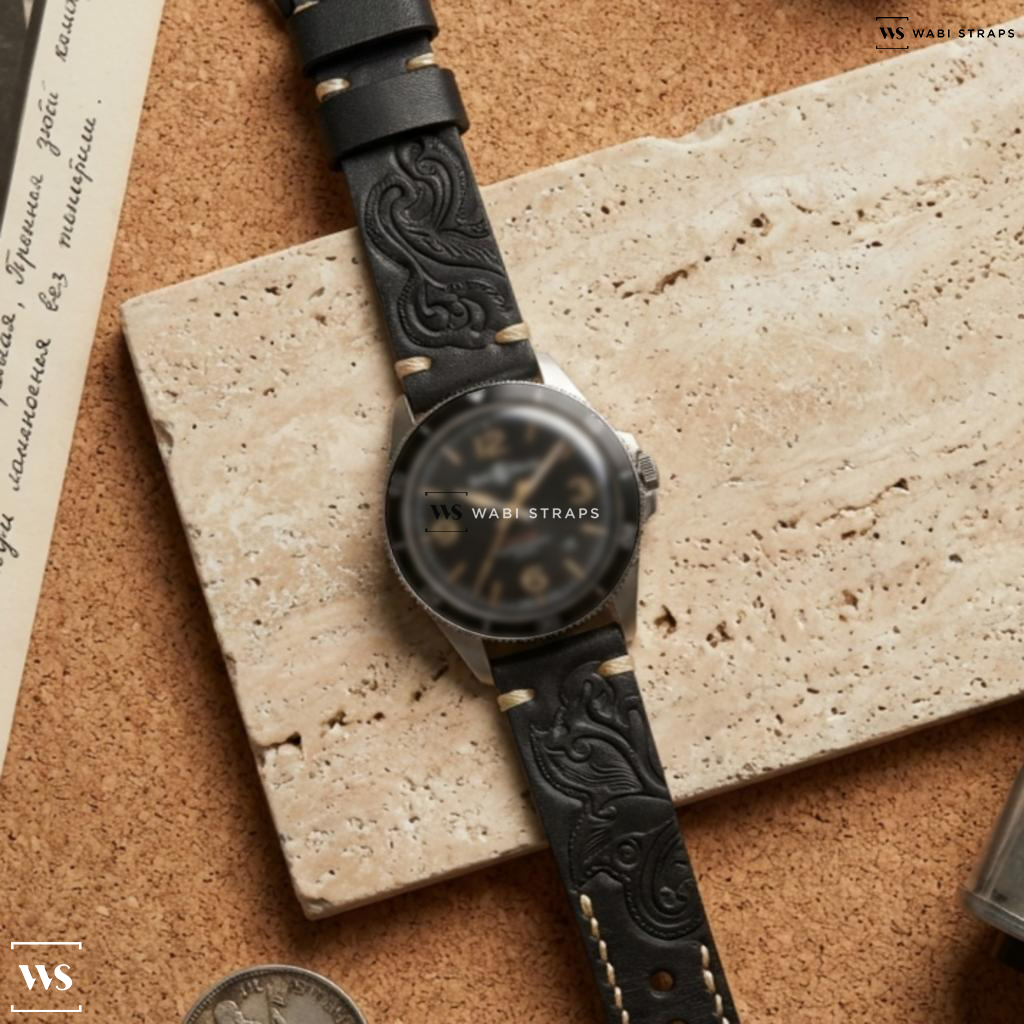 Black Tribal Print Leather Watch Strap on Bell & Ross Vintage Heritage Automatic Black Dial Men's Watch