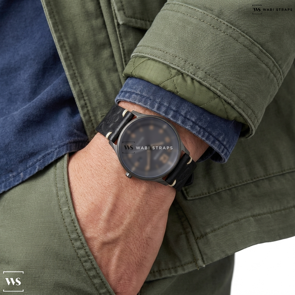 Black Tribal Print Leather Watch Strap on Citizen Eco-Drive Grey Dial Stainless Steel Men's Watch
