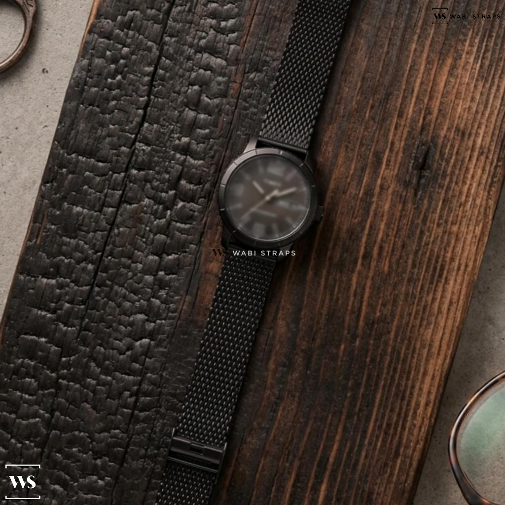 Black Thin Metal Link Metal Watch Bracelet on Timex Black PVD