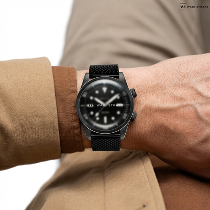 Black Thin Metal Link Metal Watch Bracelet on Baltic Aquascaphe Dual Crown Super Compressor Style